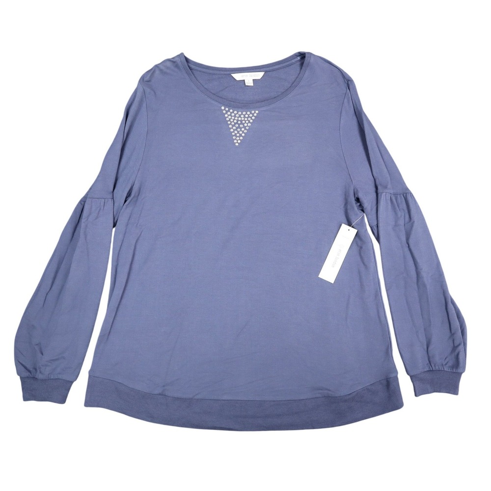 Erin London Top Womens L Blue Viscose Spandex Rhinestone Puff Sleeve NWT